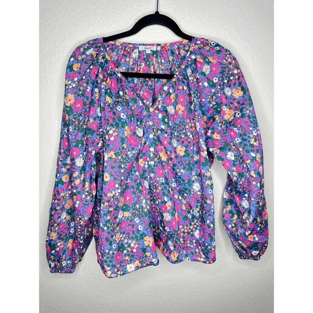 Rails Shirt Womens Large Blue Leilani Floral Boho Peasant Blouse Button Front